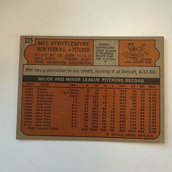 Topps White and Blue Trading Cards of Mel stottlemyre 1972 mint condition - Picture 3 of 3